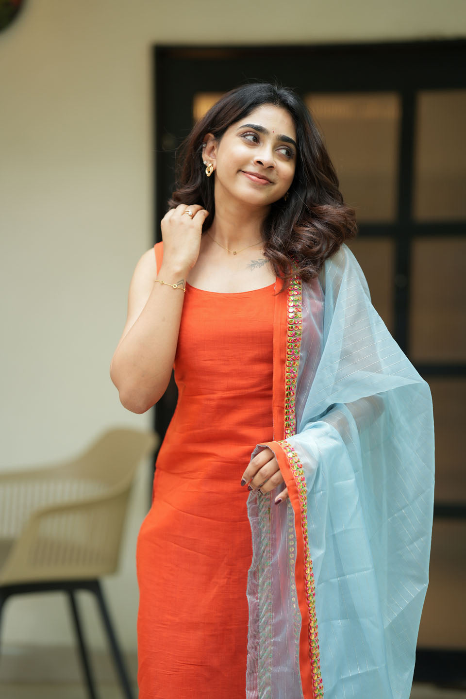 Kamala orange Kurti Set (Set of Top & Dupatta) | Made to Order | SHOBITAM