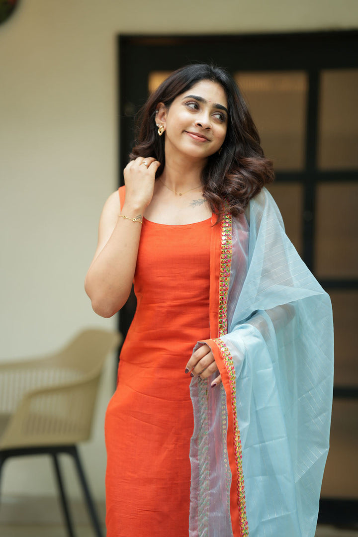 Kamala orange Kurti Set (Set of Top & Dupatta) | Made to Order | SHOBITAM