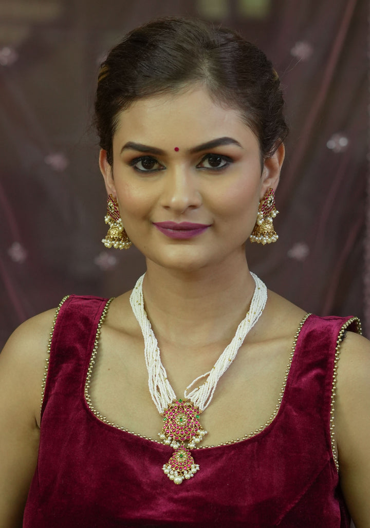 Jadau Twin Peacock Design  Multistrand Choker Set with White, Green, Pink stones | Shobitam Jewelry