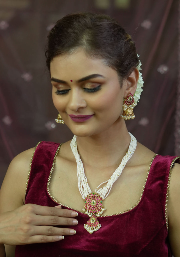 Jadau Twin Peacock Design  Multistrand Choker Set with White, Green, Pink stones | Shobitam Jewelry