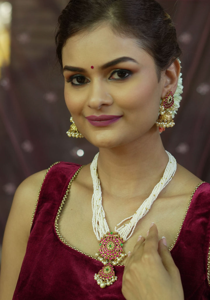 Jadau Twin Peacock Design  Multistrand Choker Set with White, Green, Pink stones | Shobitam Jewelry