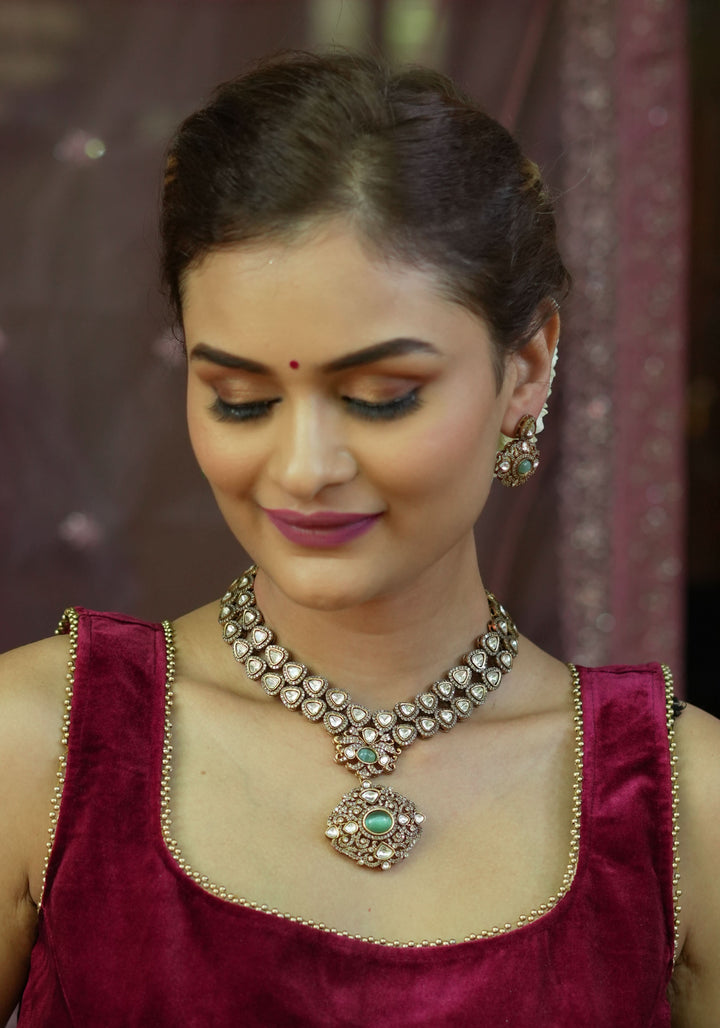 Classic Victorian Design Stone Studded  Necklace Set with White and Green Stones | Shobitam jewelry