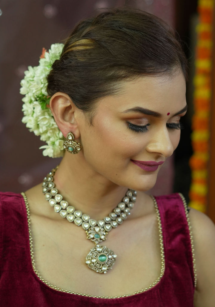 Classic Victorian Design Stone Studded  Necklace Set with White and Green Stones | Shobitam jewelry