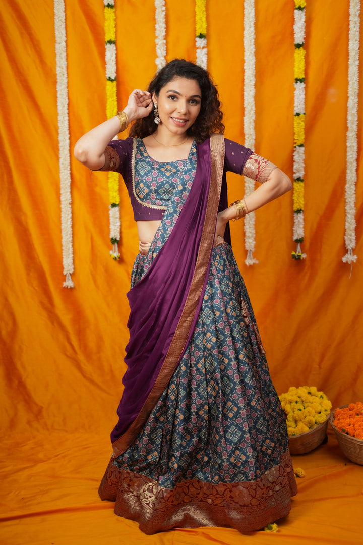 Agalvili Wine & Blue Printed Lehenga Set | Made To Order