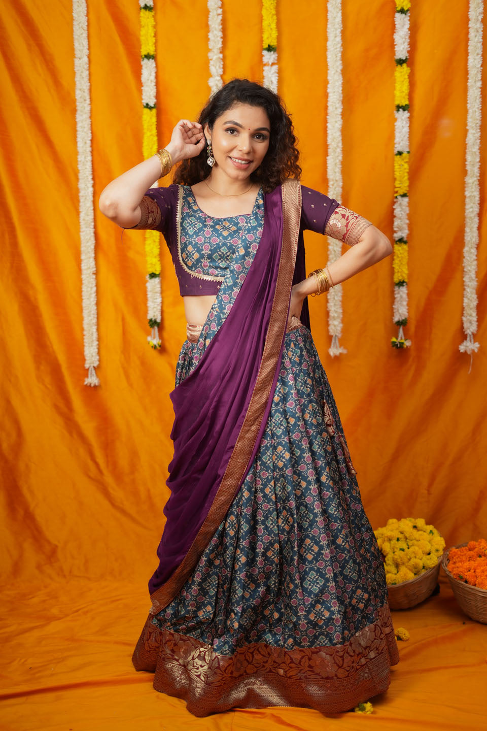 Agalvili Wine & Blue Dola Silk Printed Lehenga Set | SHOBITAM