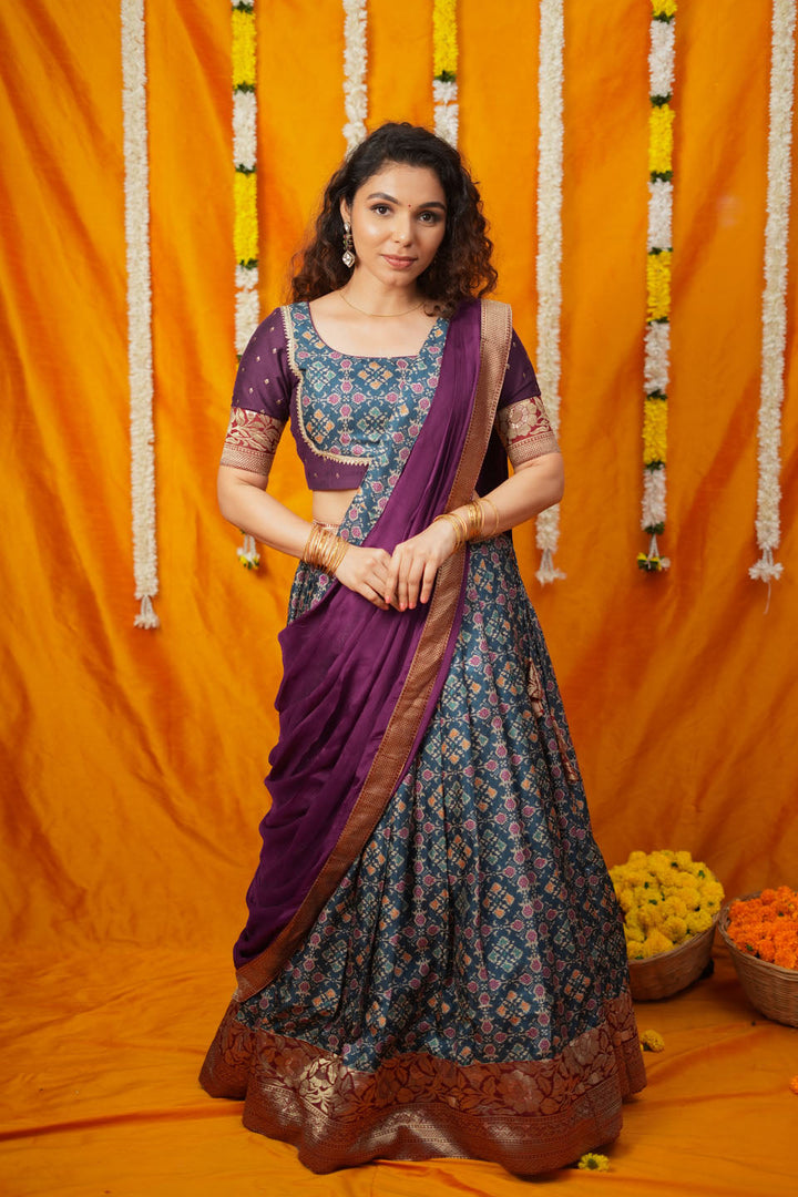 Agalvili Wine & Blue Dola Silk Printed Lehenga Set | SHOBITAM