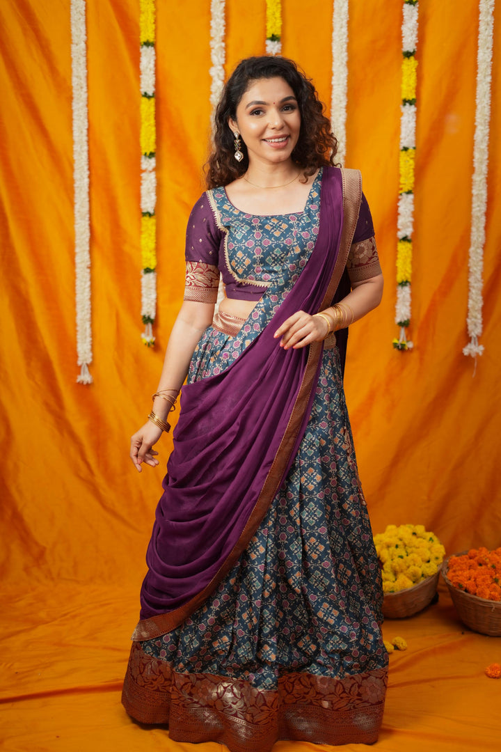 Agalvili Wine & Blue Printed Lehenga Set | Made To Order