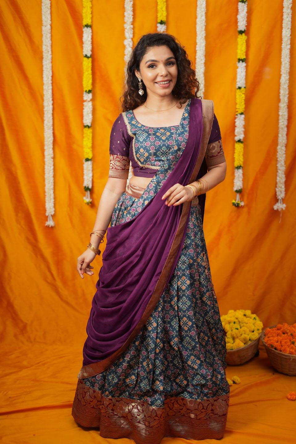 Agalvili Wine & Blue Dola Silk Printed Lehenga Set | SHOBITAM