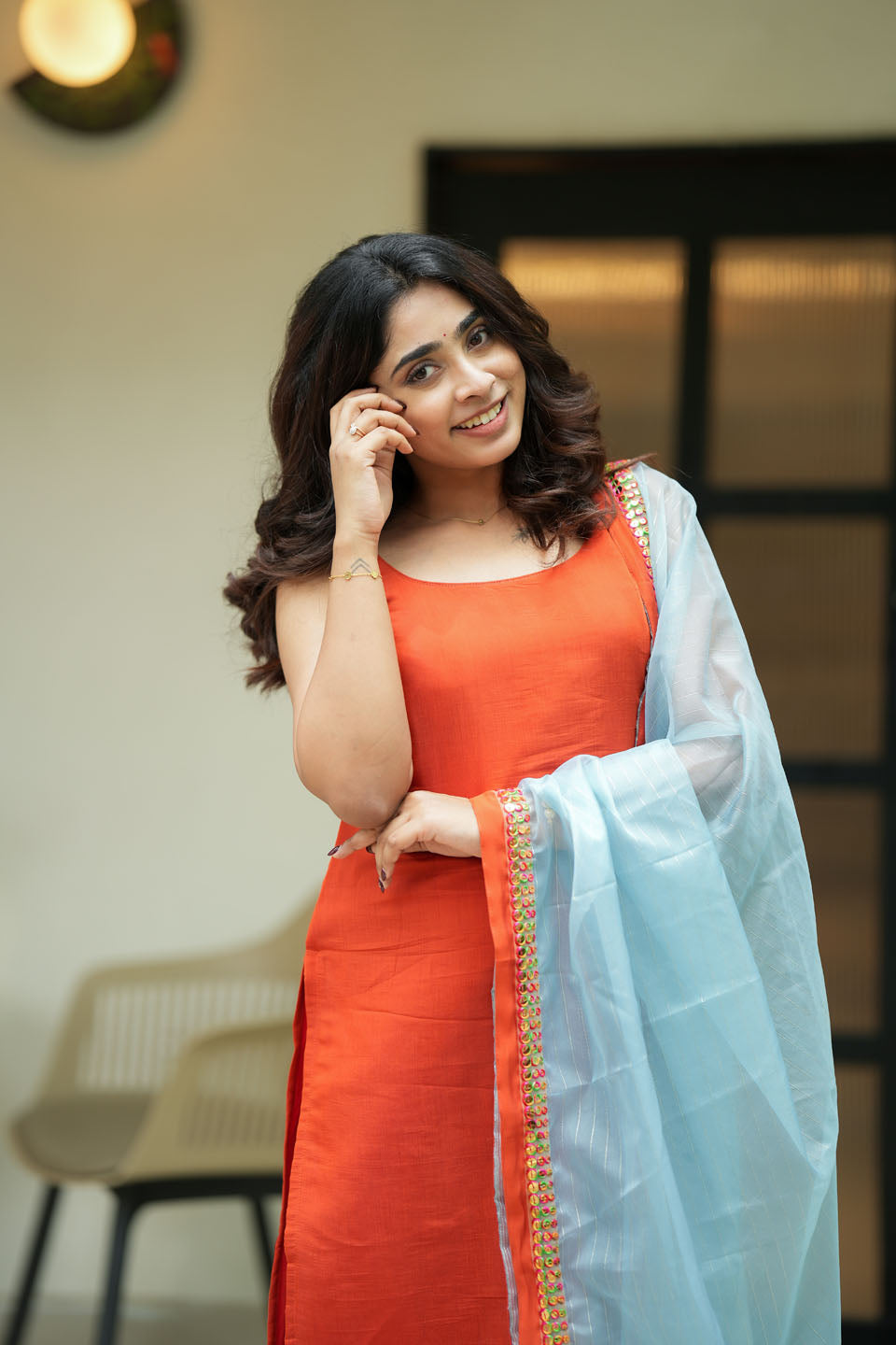 Kamala orange Kurti Set (Set of Top & Dupatta) | Made to Order | SHOBITAM