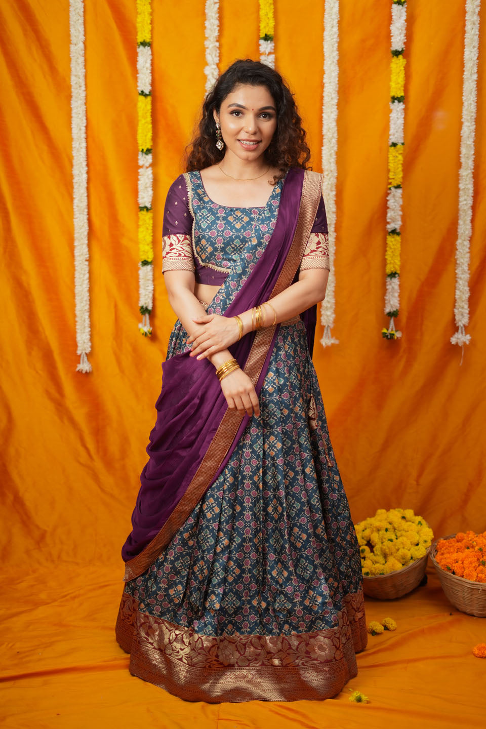 Agalvili Wine & Blue Dola Silk Printed Lehenga Set | SHOBITAM