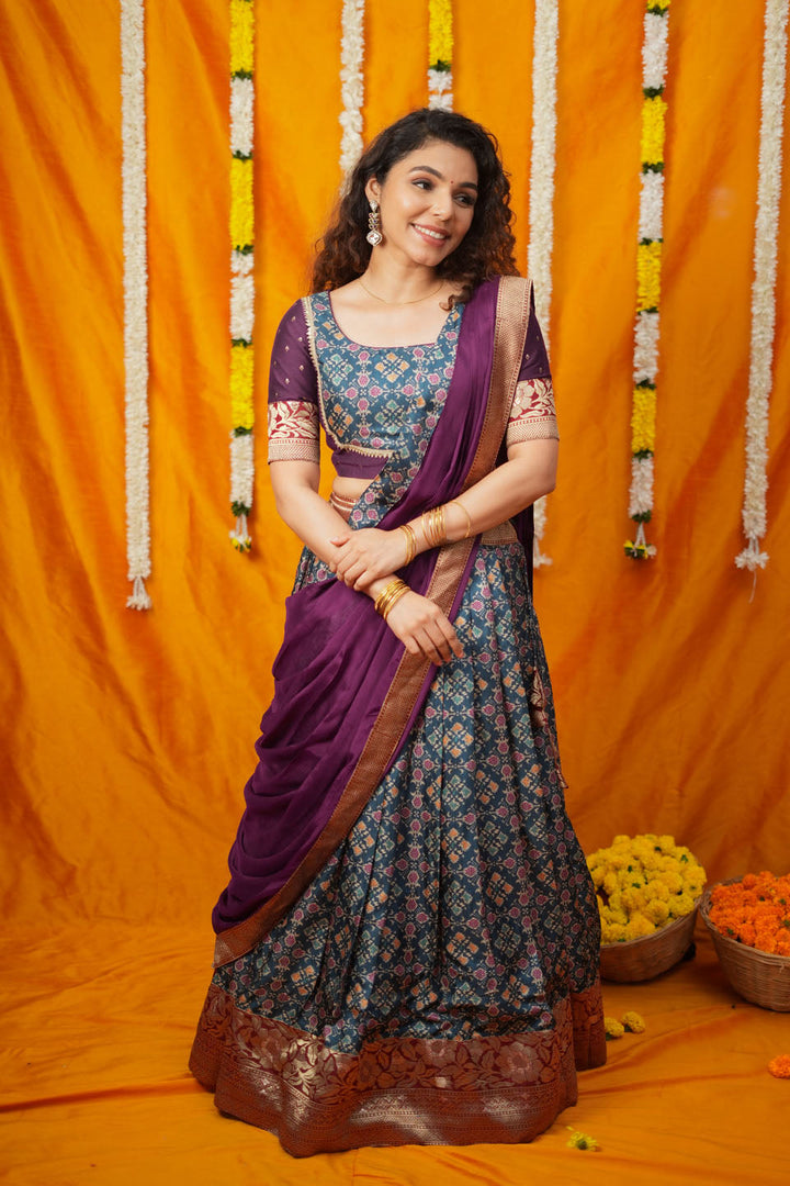 Agalvili Wine & Blue Dola Silk Printed Lehenga Set | SHOBITAM