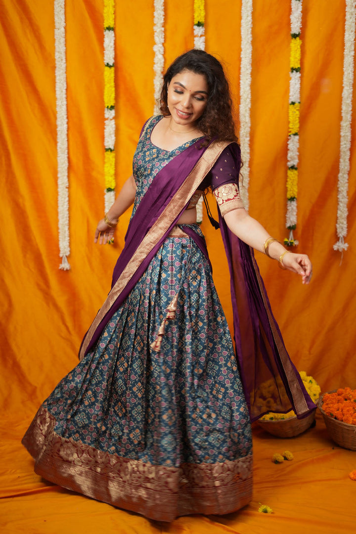 Agalvili Wine & Blue Dola Silk Printed Lehenga Set | SHOBITAM