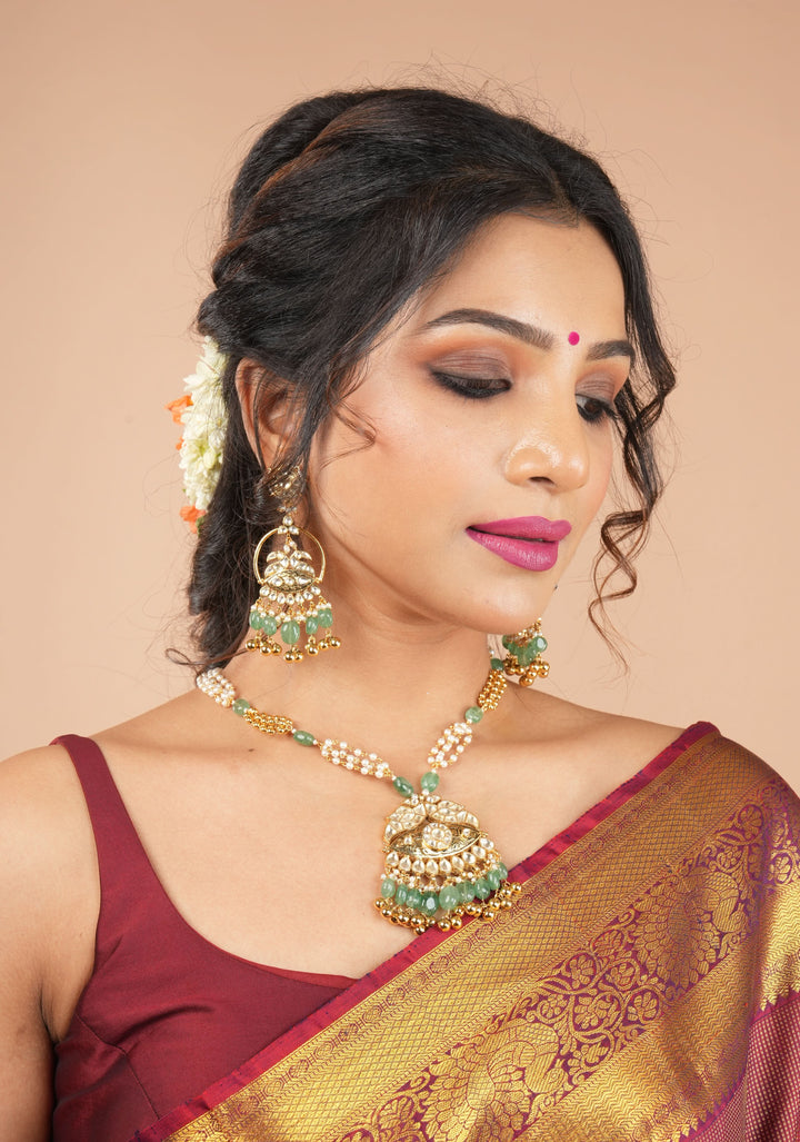 Jadau Pendant on Multistrand Sage Green Beads Necklace set with Twin Peacock Pendant and | Shobitam Jewelry