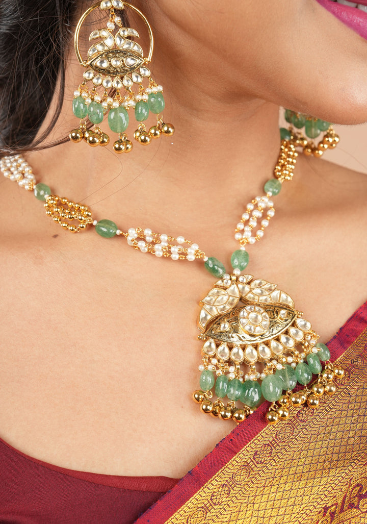 Jadau Pendant on Multistrand Sage Green Beads Necklace set with Twin Peacock Pendant and | Shobitam Jewelry