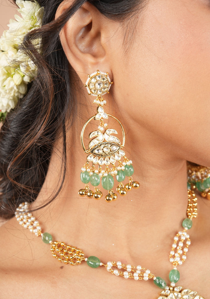 Jadau Pendant on Multistrand Sage Green Beads Necklace set with Twin Peacock Pendant and | Shobitam Jewelry