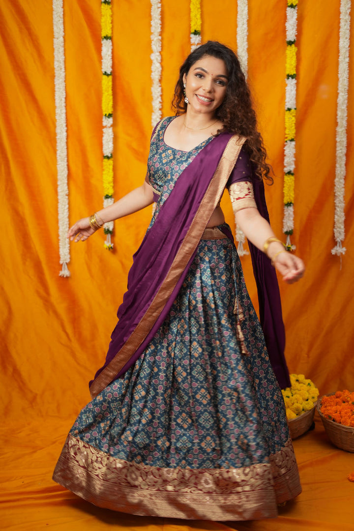 Agalvili Wine & Blue Dola Silk Printed Lehenga Set | SHOBITAM