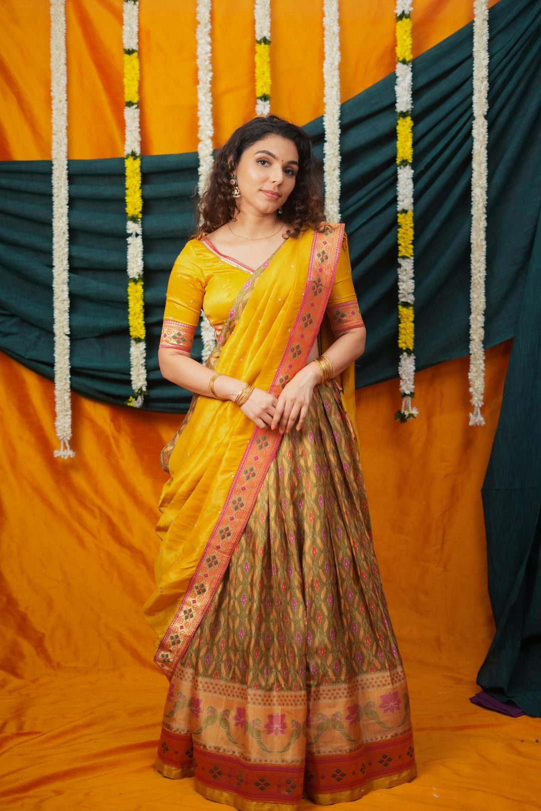 Cynthia Mustard Yellow & Olive Silk Lehenga Set | Made To Order
