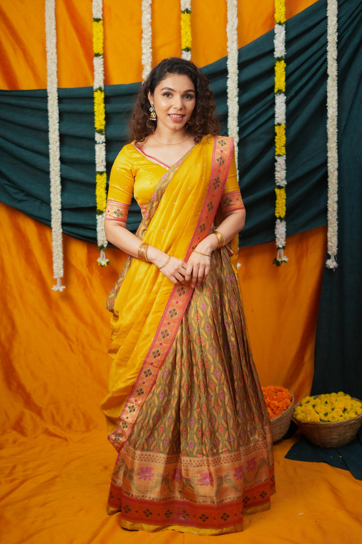Cynthia Mustard Yellow & Olive Silk Lehenga Set | Made To Order