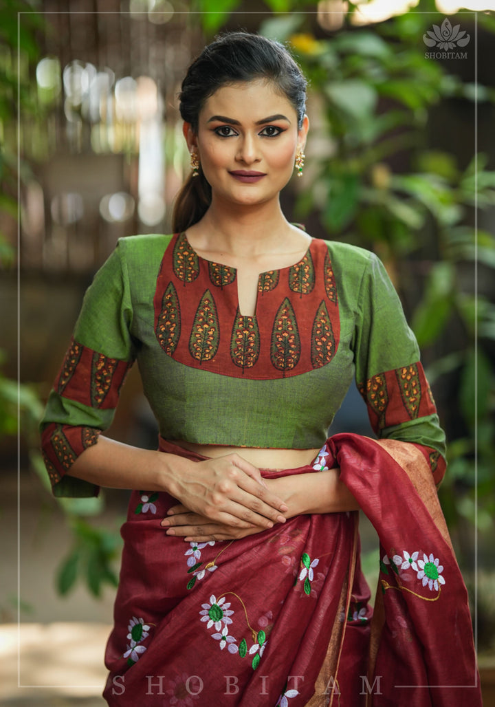 Tulsi Green and Maroon Ajrakh Yoke Blouse in Cotton