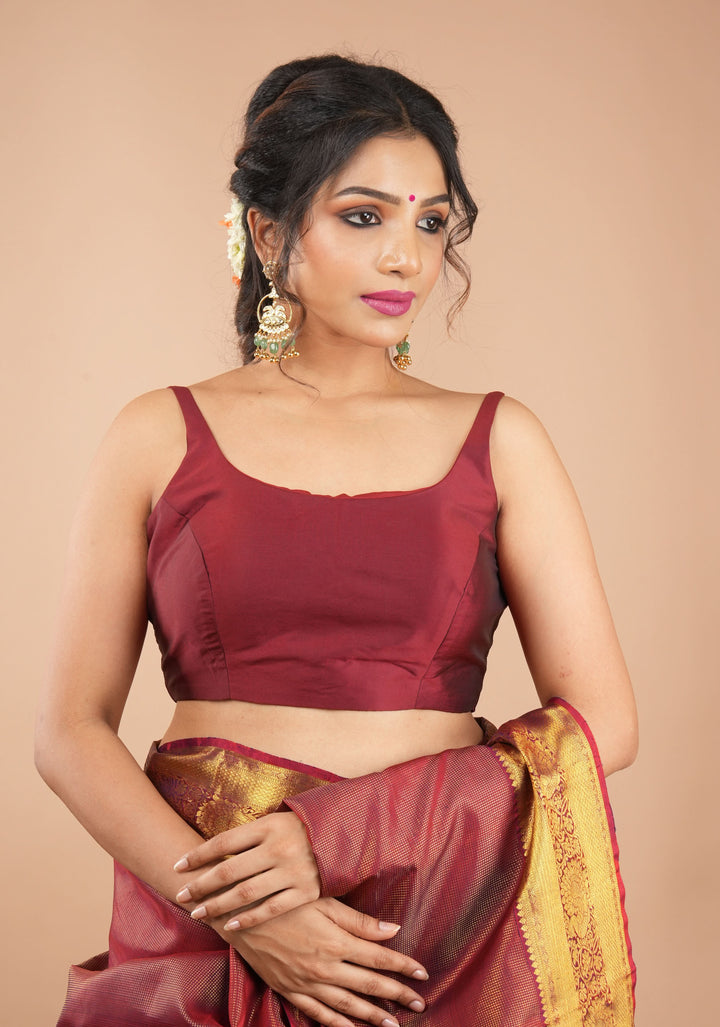 Maroon Thin Strap Sleeveless Silk Blouse with Scoop Neck Front, Colors Customizable