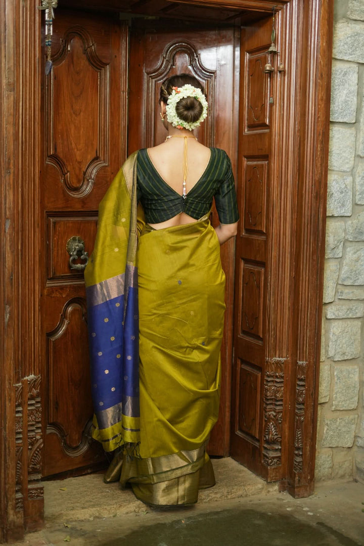Handwoven Maheshwari Silk Cotton Saree in Moss Green with zari borders | SHOBITAM