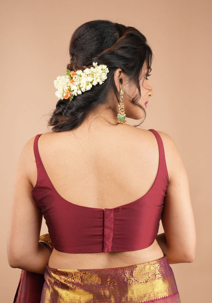 Maroon Thin Strap Sleeveless Silk Blouse with Scoop Neck Front, Colors Customizable