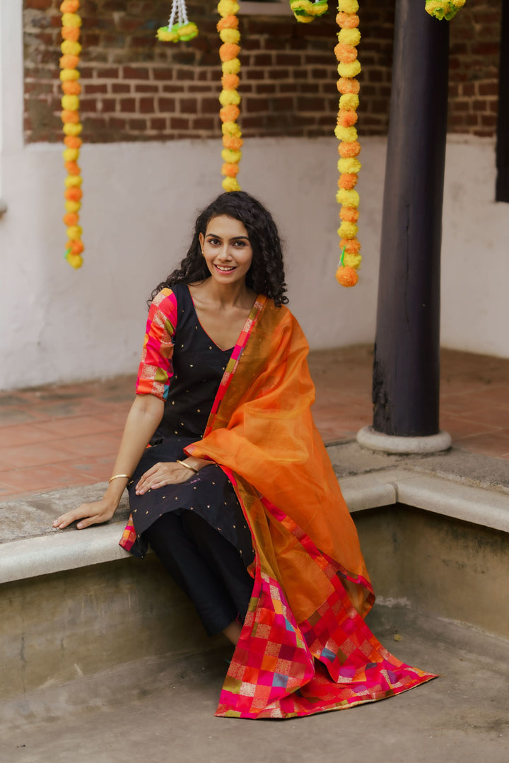 Poonam Black and Orange Kurti and Dupatta 2 Piece Set Bottom not included | Made To Order