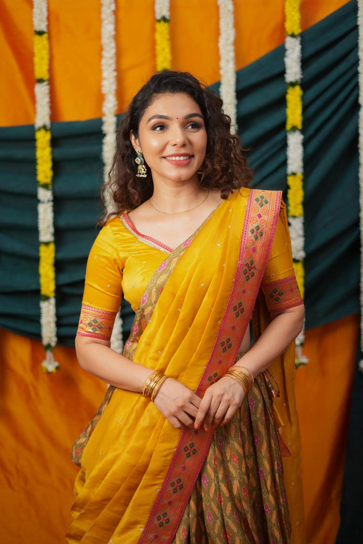 Cynthia Mustard Yellow & Olive Silk Lehenga Set | Made To Order