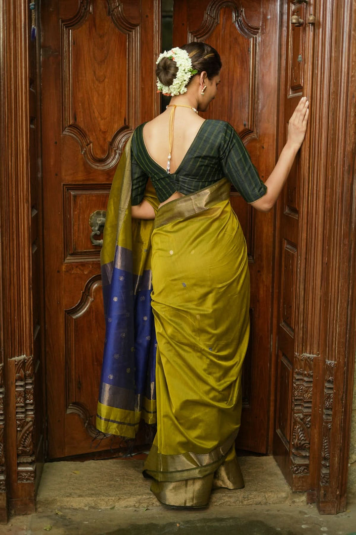 Handwoven Maheshwari Silk Cotton Saree in Moss Green with zari borders | SHOBITAM