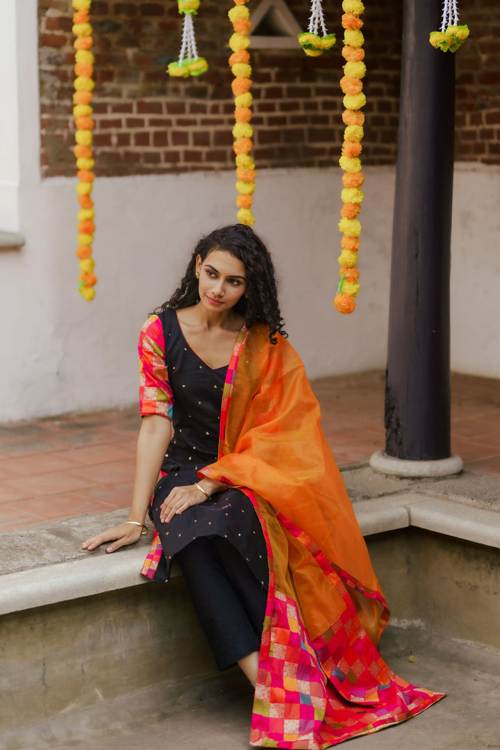 Poonam Black and Orange Kurti and Dupatta 2 Piece Set Bottom not included | Made To Order