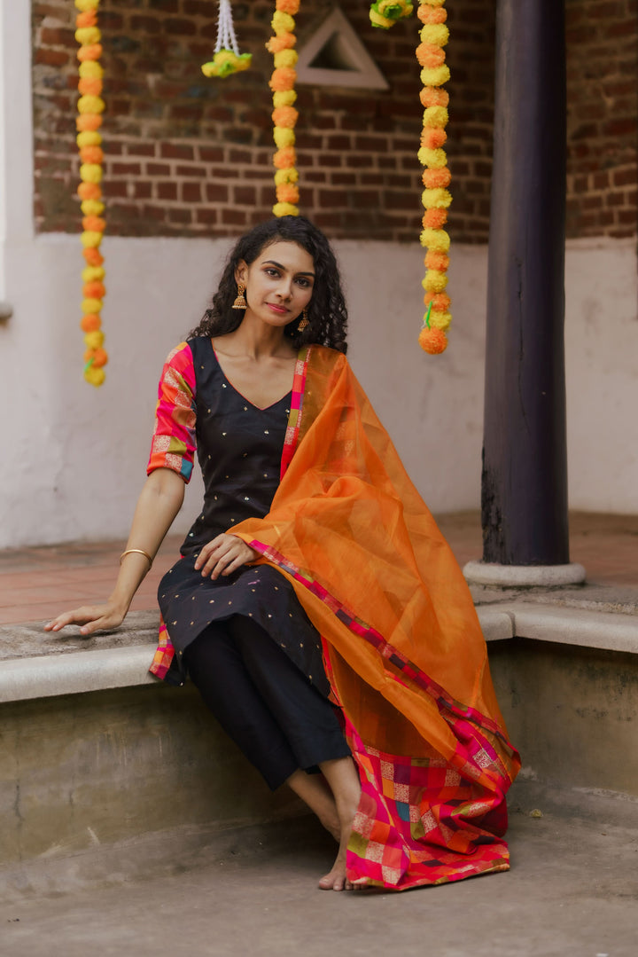 Poonam Black and Orange Kurti and Dupatta 2 Piece Set Bottom not included | Made To Order