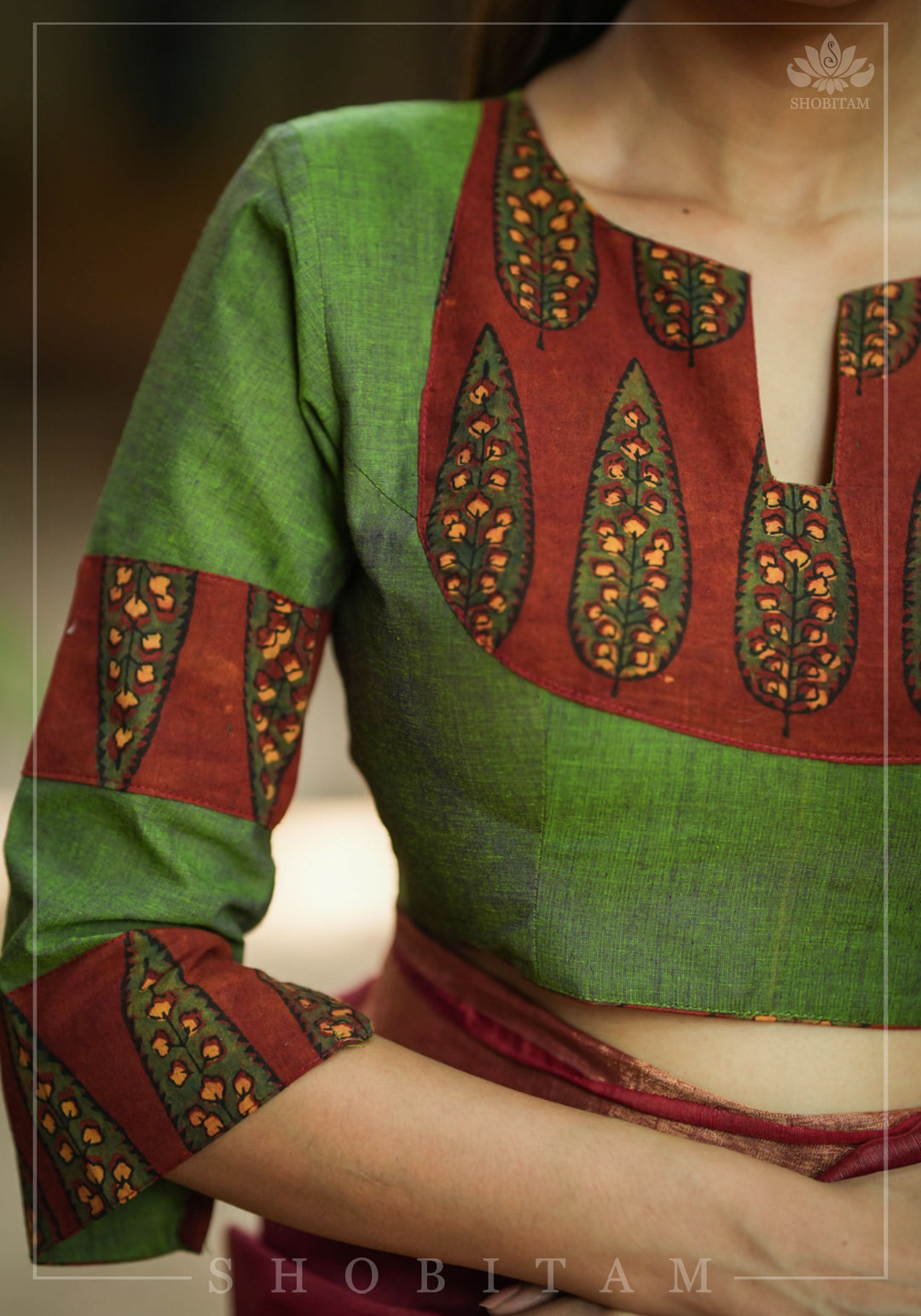 Tulsi Green and Maroon Ajrakh Yoke Blouse in Cotton