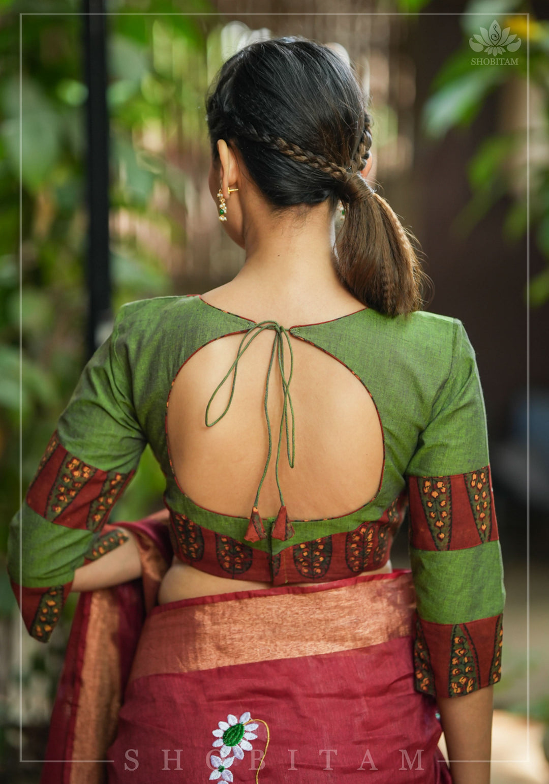 Tulsi Green and Maroon Ajrakh Yoke Blouse in Cotton