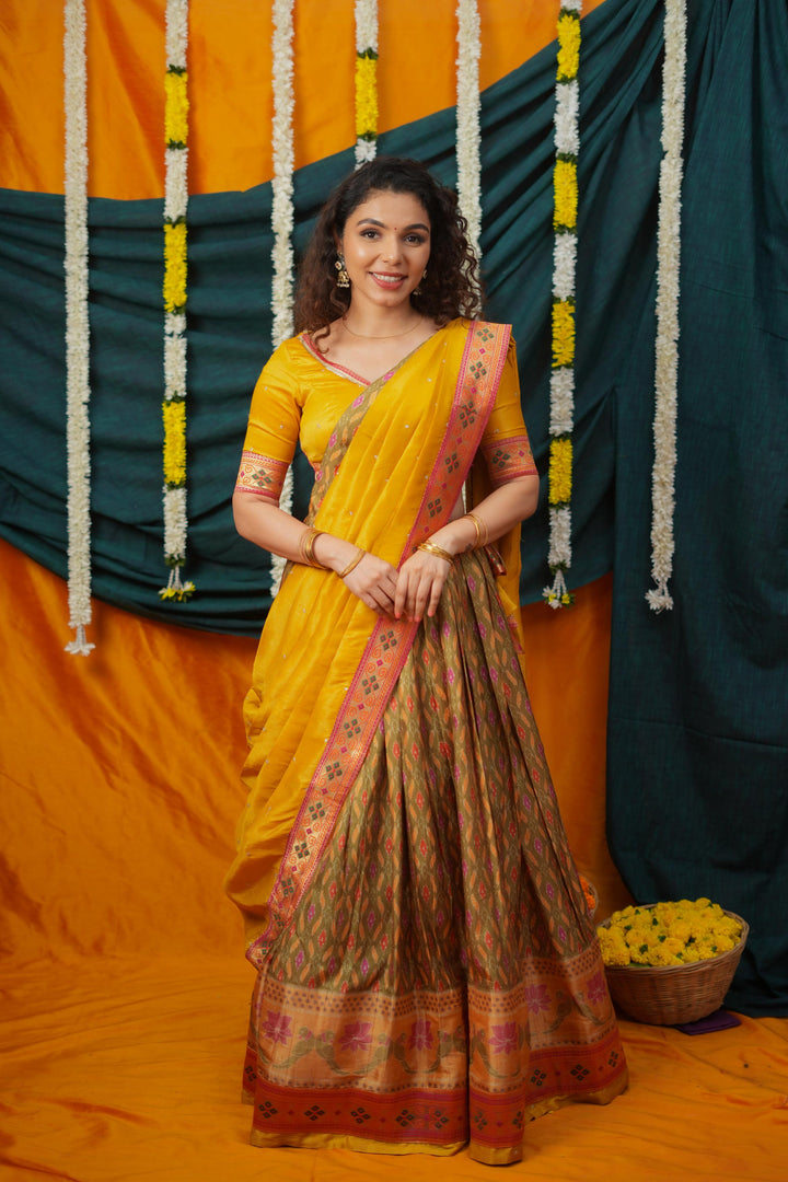 Cynthia Mustard Yellow & Olive Silk Lehenga Set | Made To Order