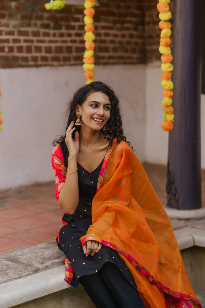 Poonam Black and Orange Kurti and Dupatta 2 Piece Set Bottom not included | Made To Order