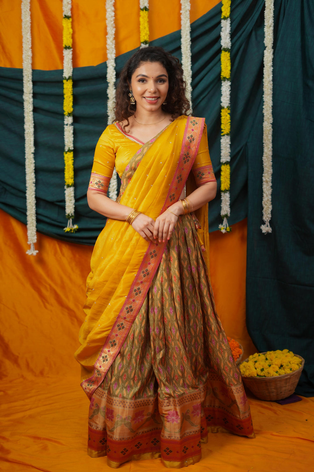 Cynthia Mustard Yellow & Olive Silk Lehenga Set | Made To Order