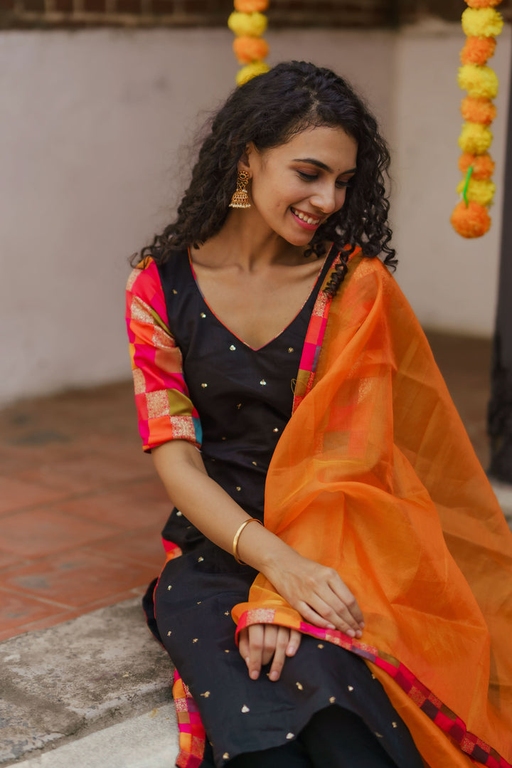 Poonam Black and Orange Kurti and Dupatta 2 Piece Set Bottom not included | Made To Order