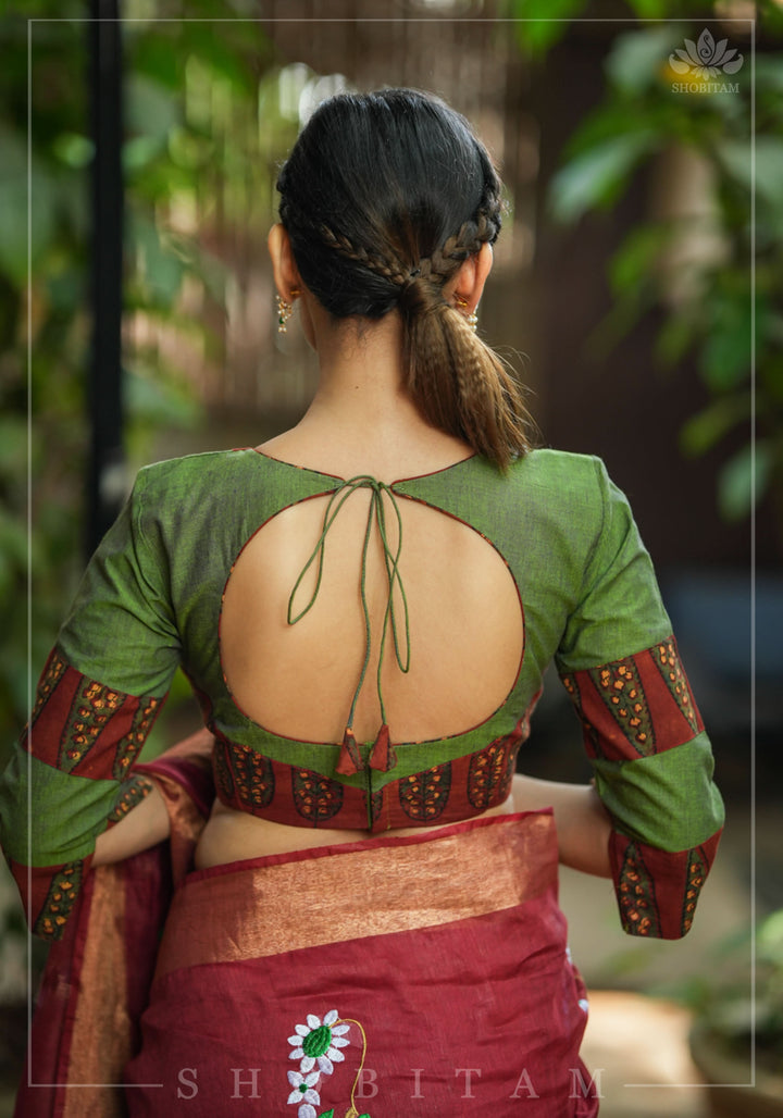 Tulsi Green and Maroon Ajrakh Yoke Blouse in Cotton