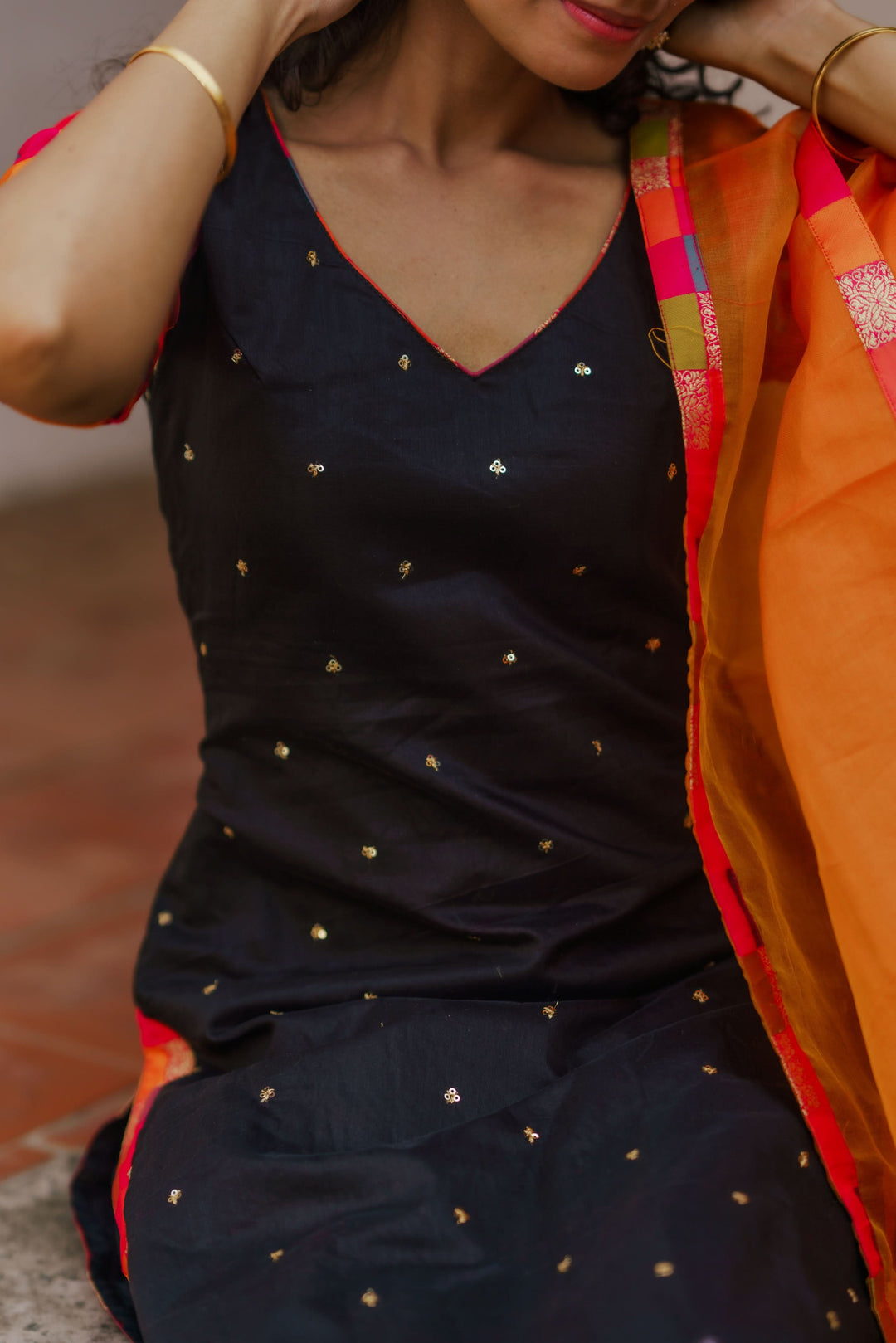 Poonam Black and Orange Kurti and Dupatta 2 Piece Set Bottom not included | Made To Order