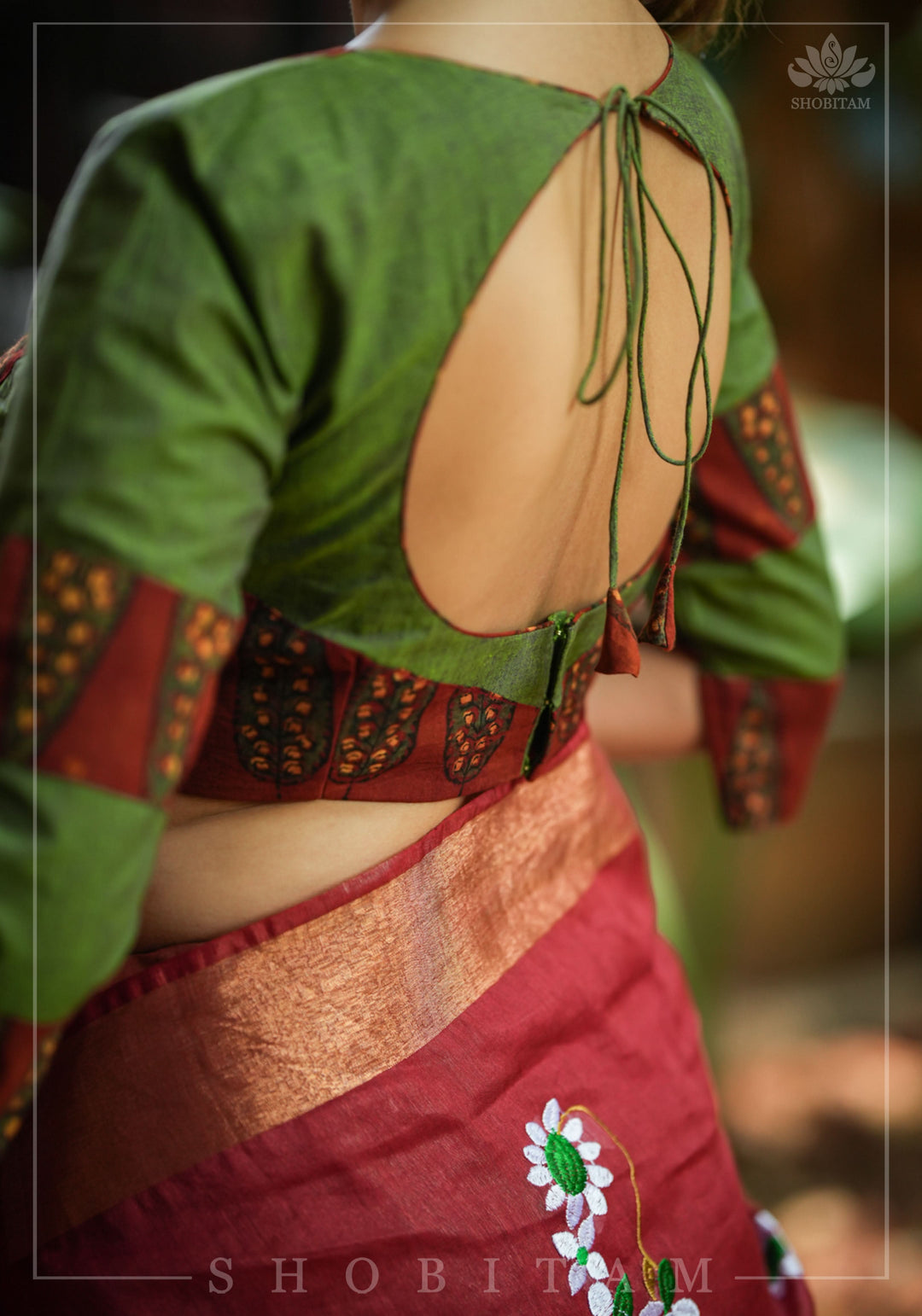 Tulsi Green and Maroon Ajrakh Yoke Blouse in Cotton