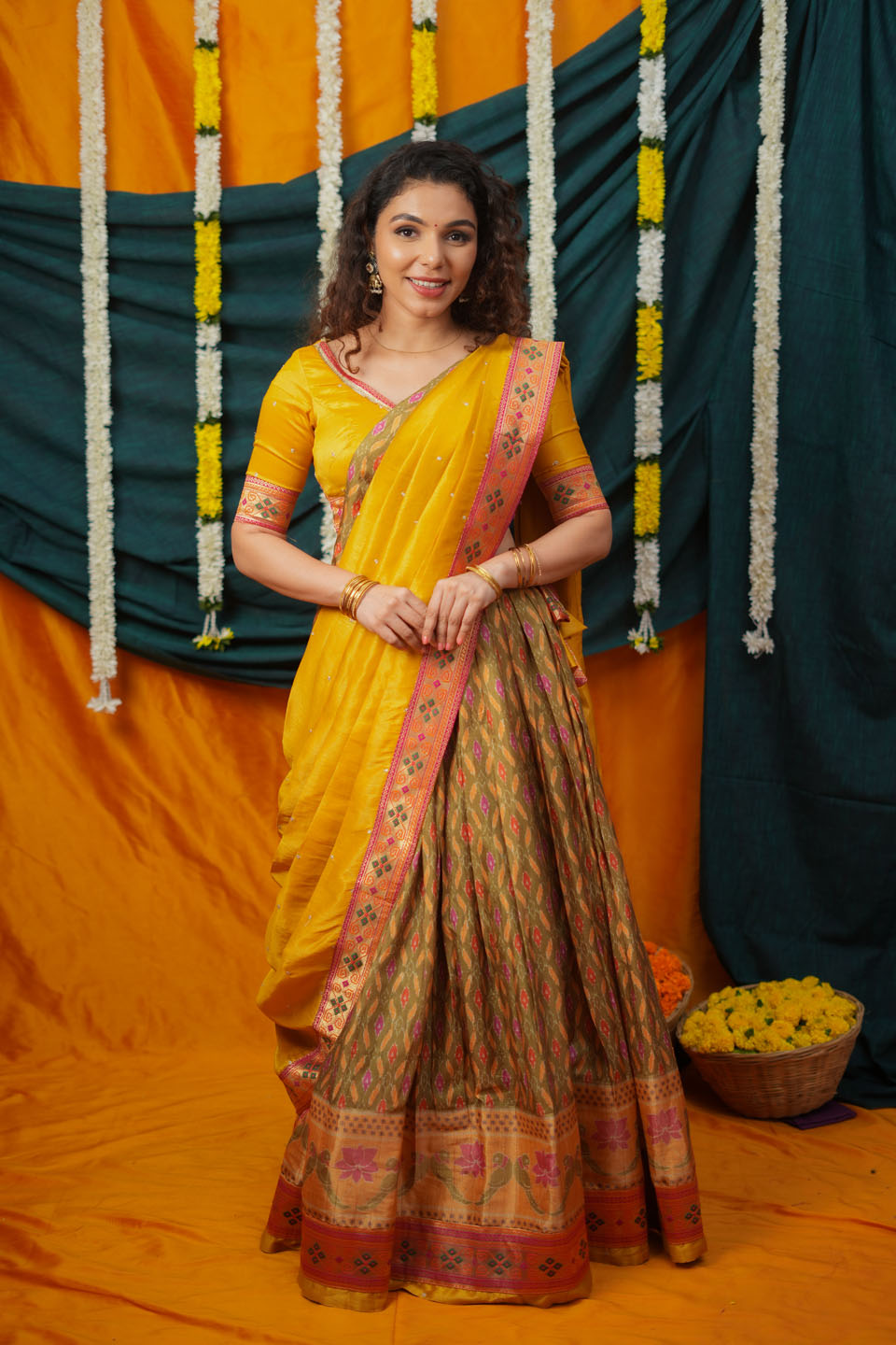 Cynthia Mustard Yellow & green Printed Lehenga Set | SHOBITAM