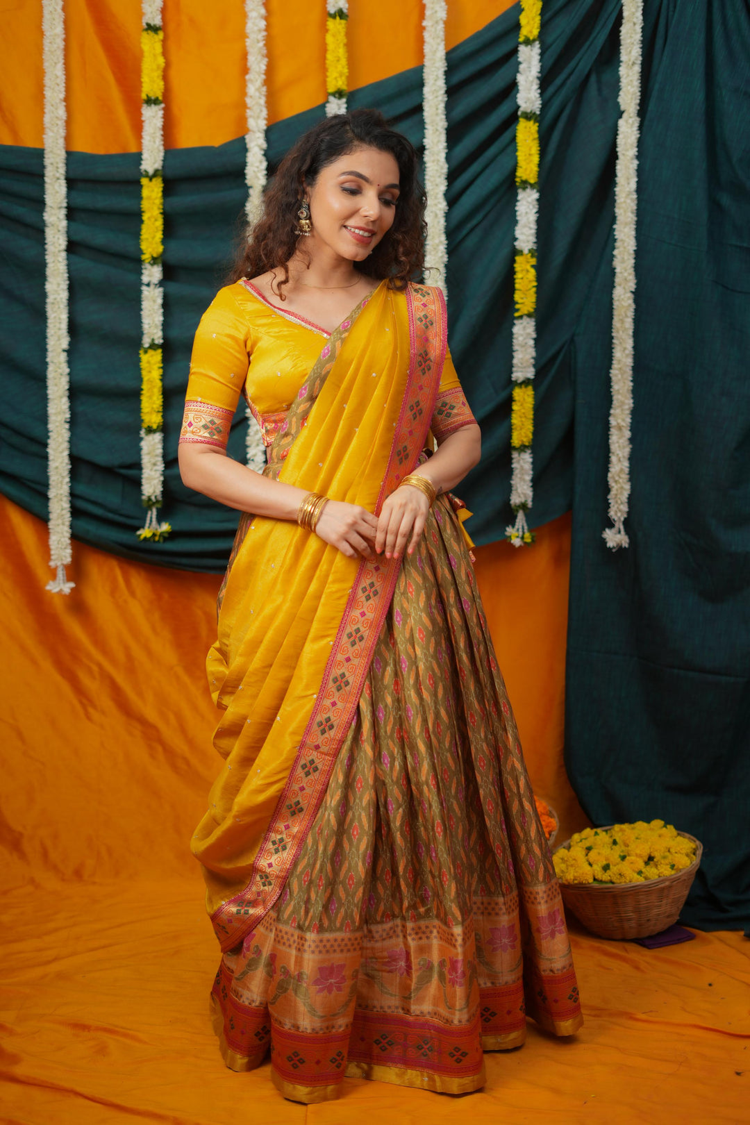 Cynthia Mustard Yellow & Olive Silk Lehenga Set | Made To Order