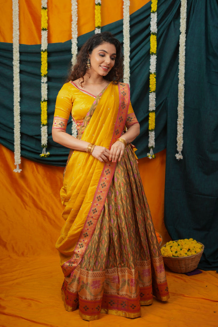 Cynthia Mustard Yellow & green Printed Lehenga Set | SHOBITAM