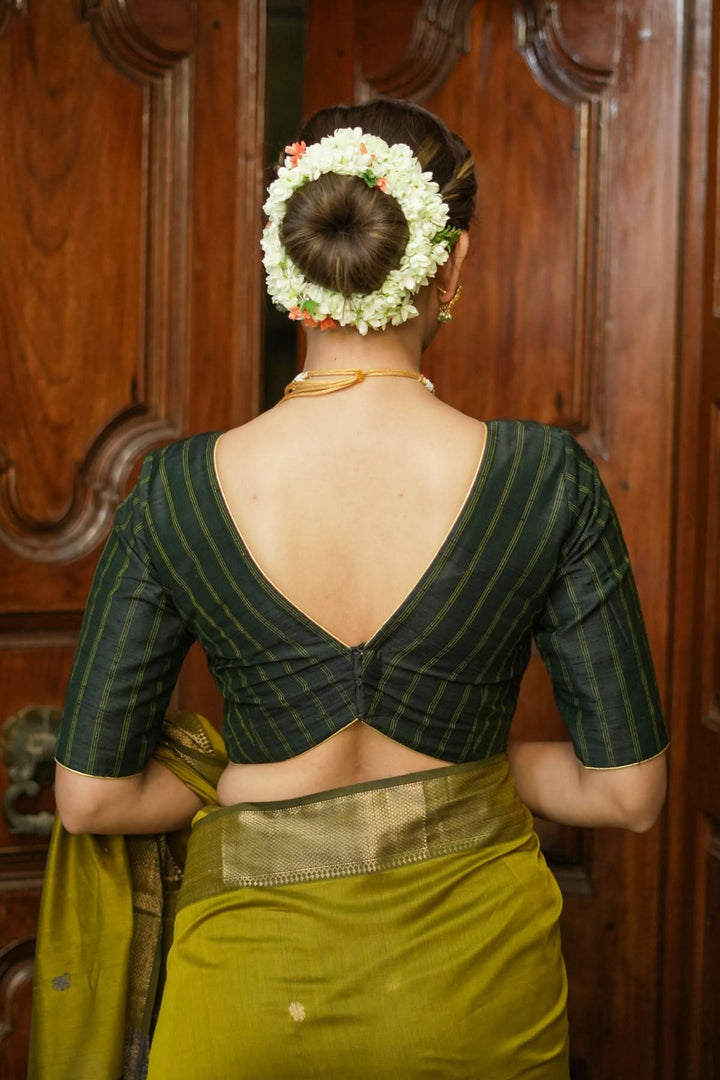 Bottle green Stripes Pure rawsilk V neck blouse