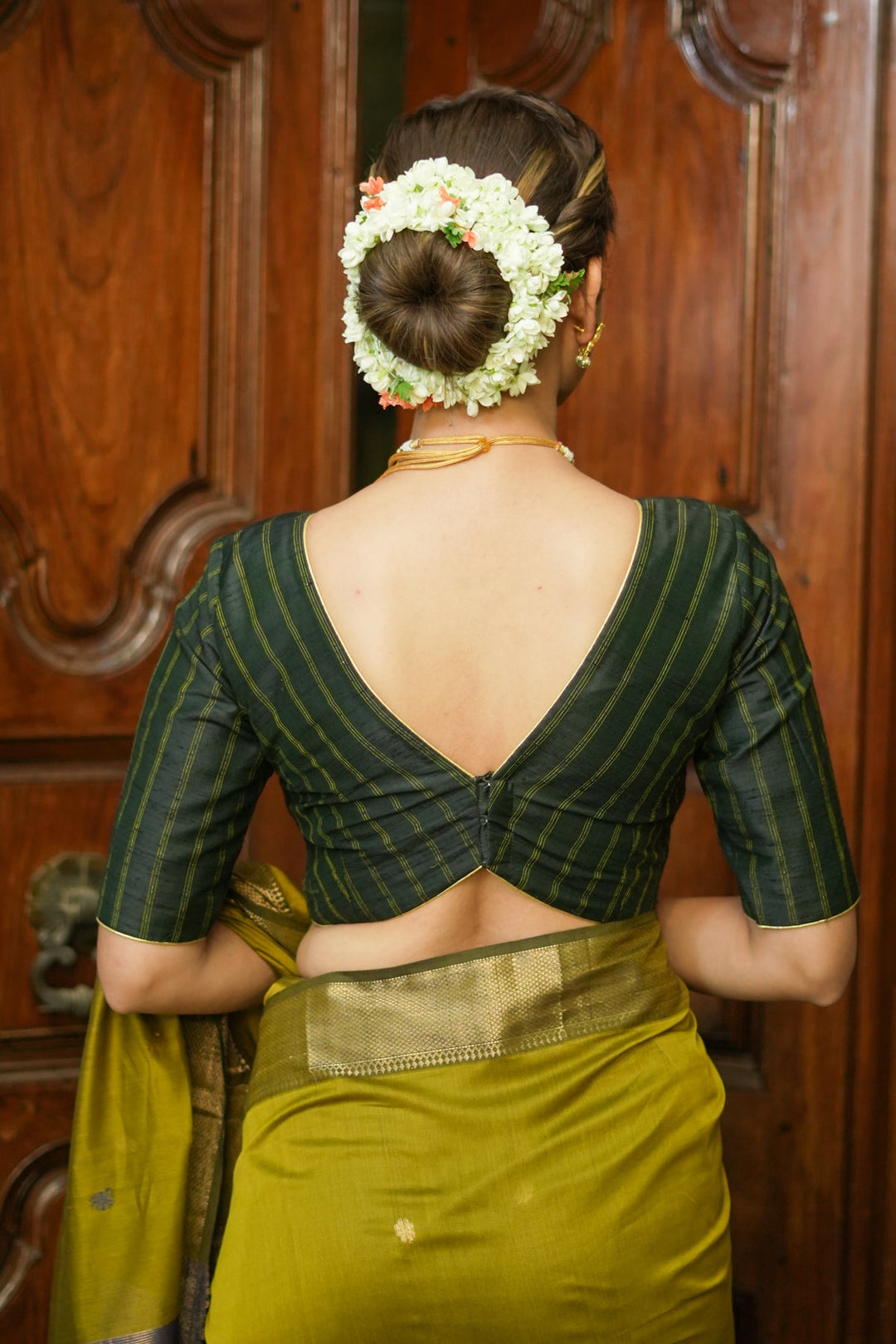 Bottle green Stripes Pure rawsilk V neck blouse