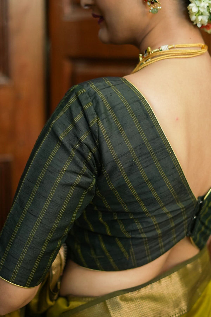 Bottle green Stripes Pure rawsilk V neck blouse