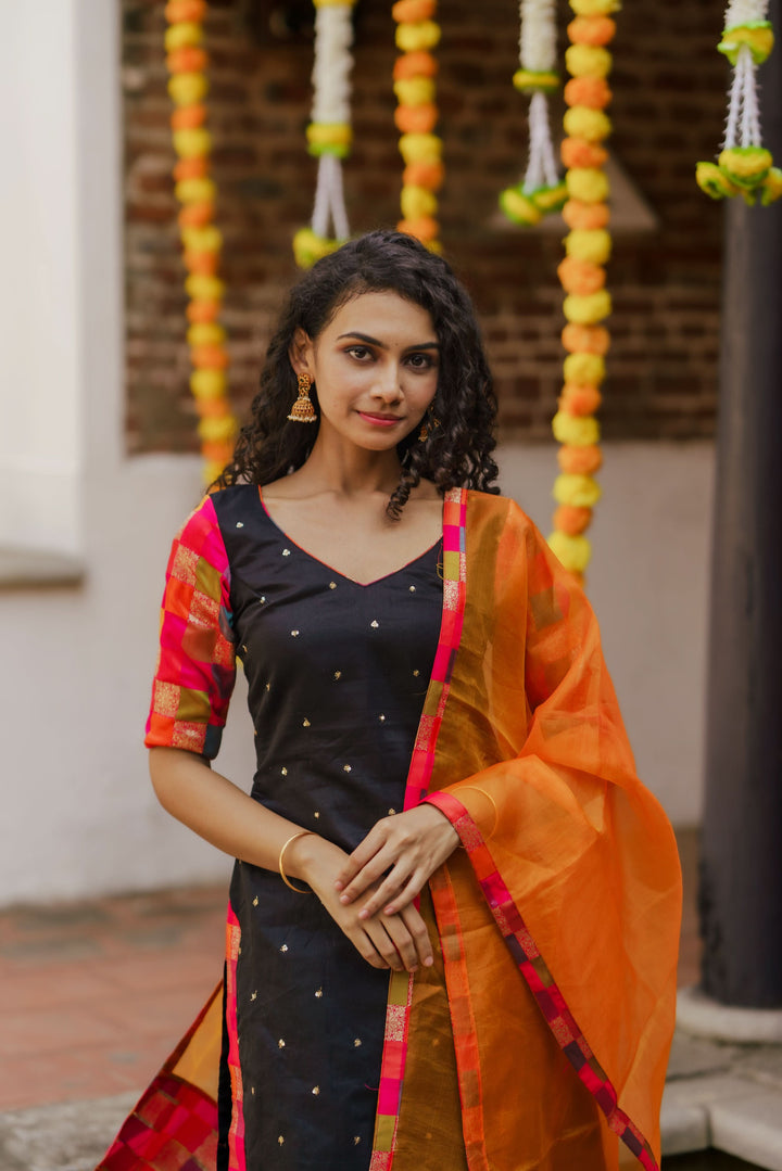 Poonam Black and Orange Kurti and Dupatta 2 Piece Set Bottom not included | Made To Order