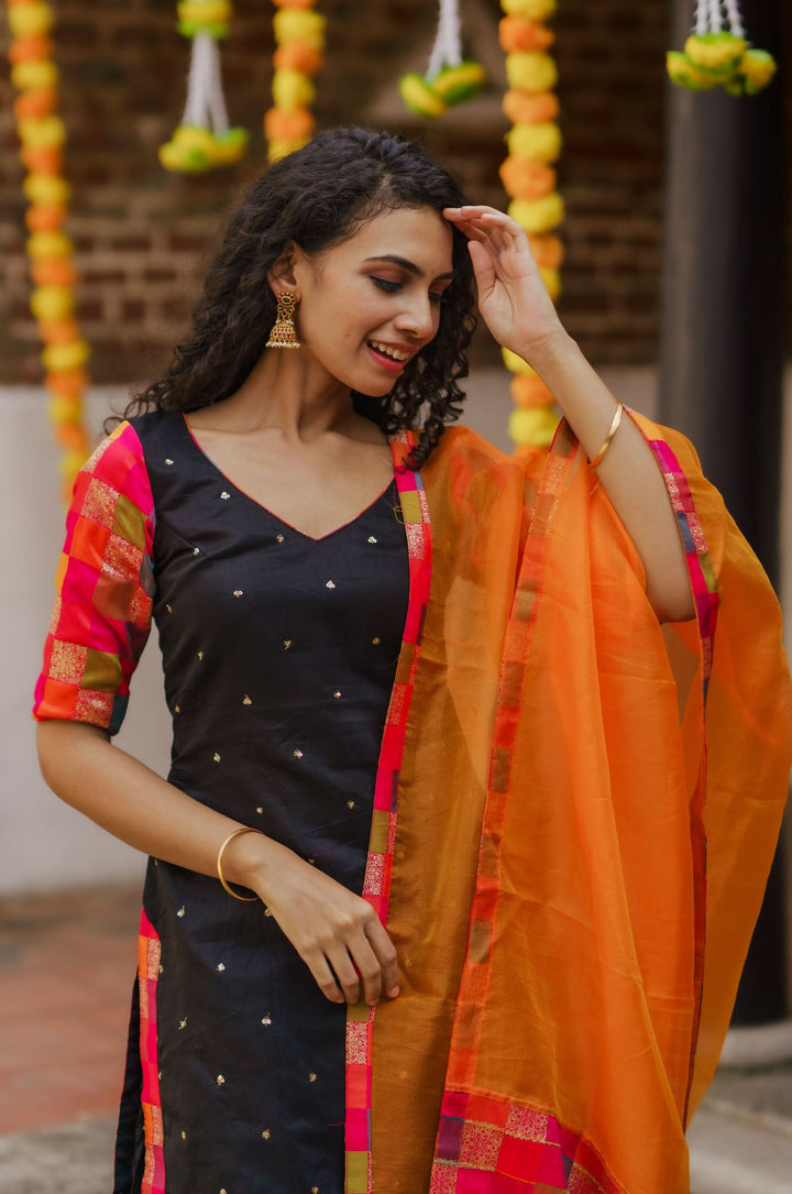 Poonam Black and Orange Kurti and Dupatta 2 Piece Set Bottom not included | Made To Order