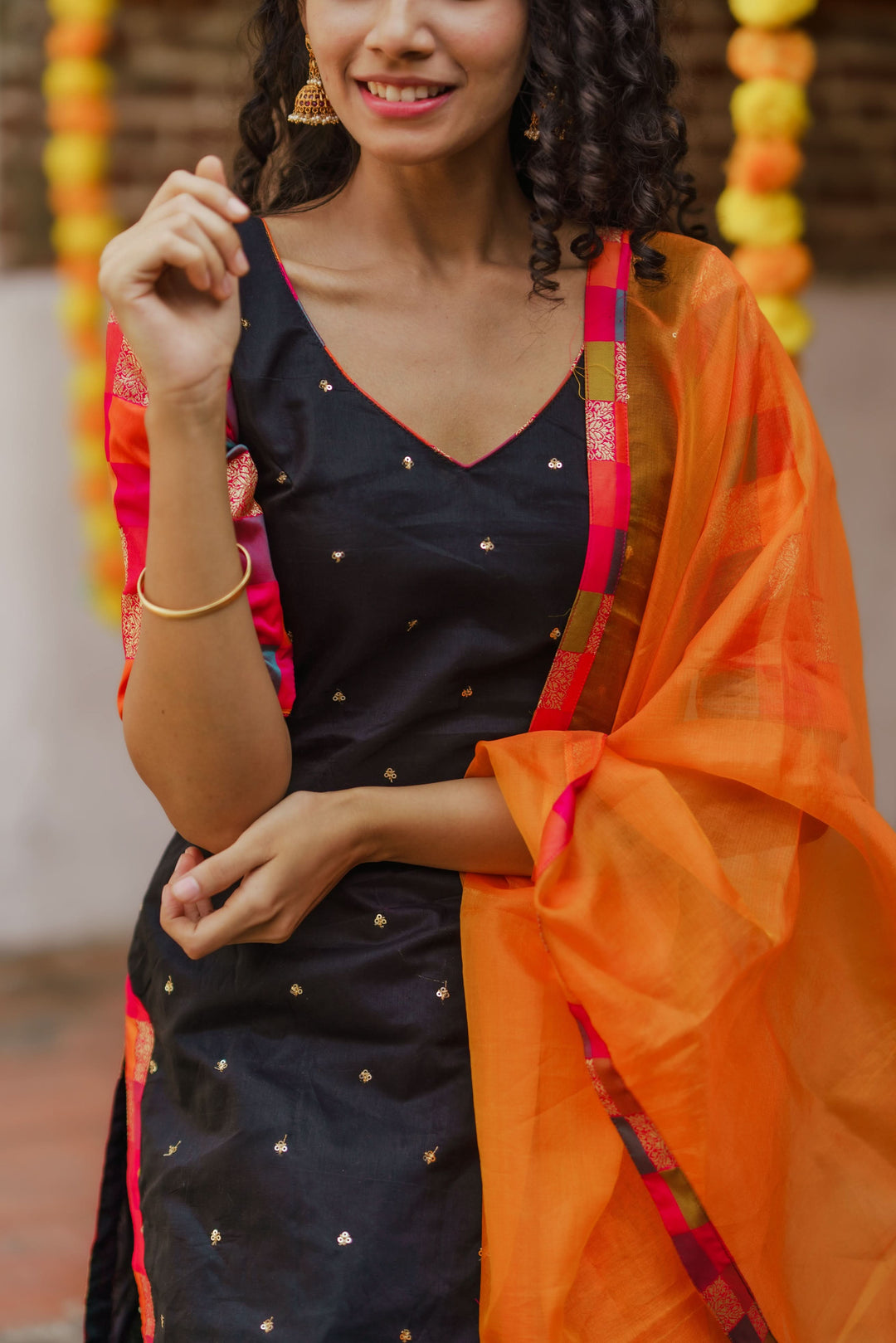 Poonam Black and Orange Kurti and Dupatta 2 Piece Set Bottom not included | Made To Order