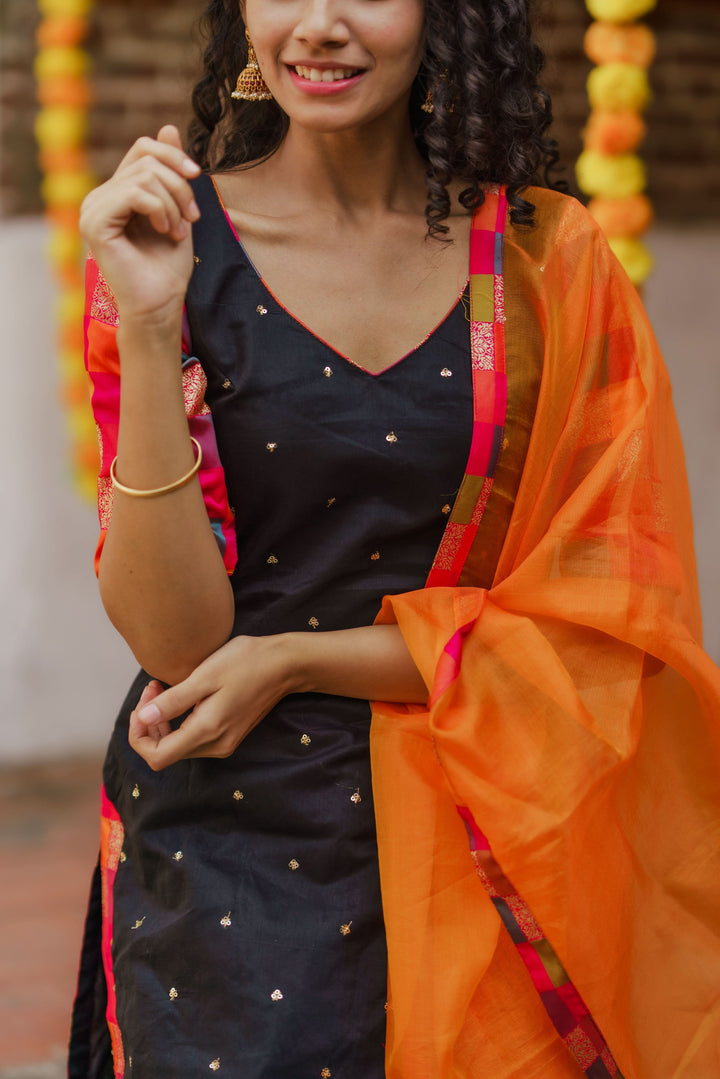 Poonam Black and Orange Kurti and Dupatta 2 Piece Set Bottom not included | Made To Order